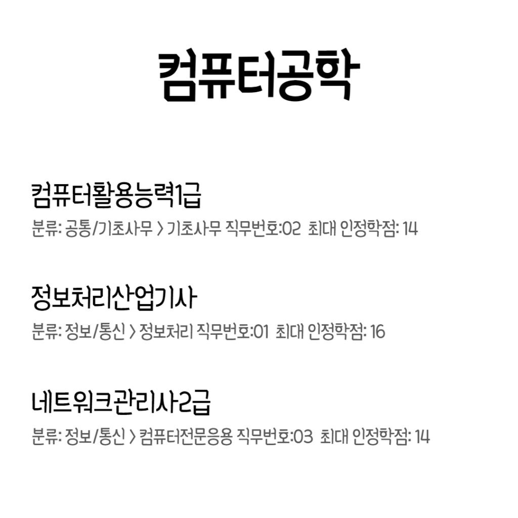 컴퓨터공학 학점은행제 과정에서 활용할 수 있는 자격증들.