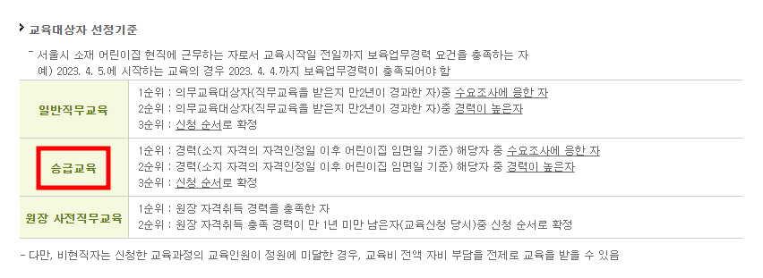 보육교사 1급 승급교육 대상자 선정기준