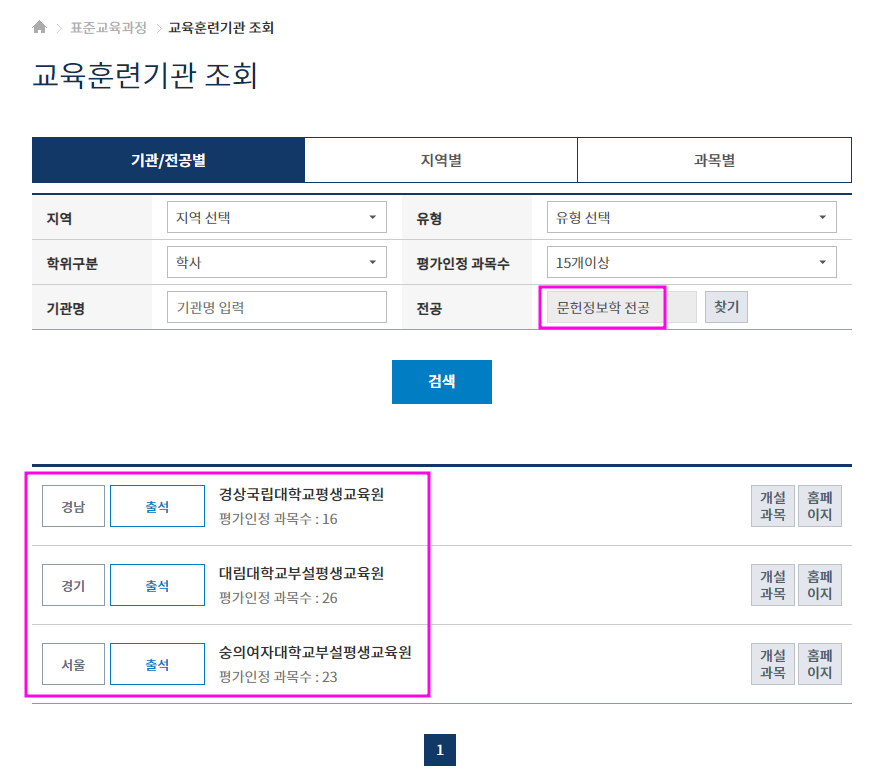 정사서2급 자격증 과정이 개설된 교육훈련기관