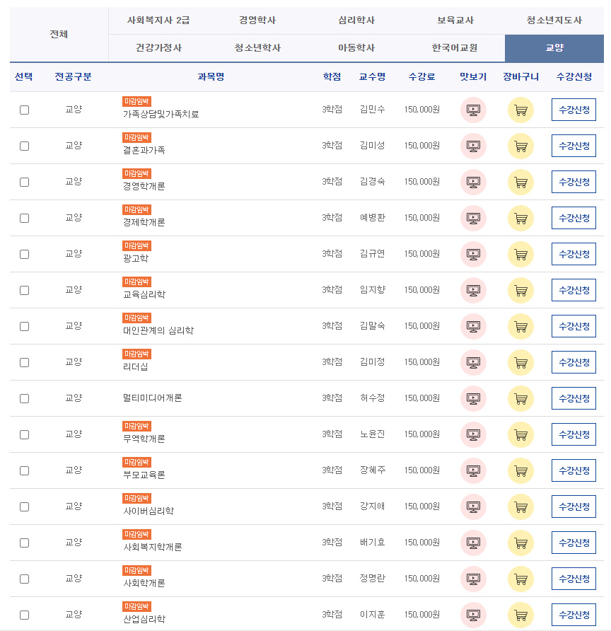 개설된 학점은행제 교양과목 종류