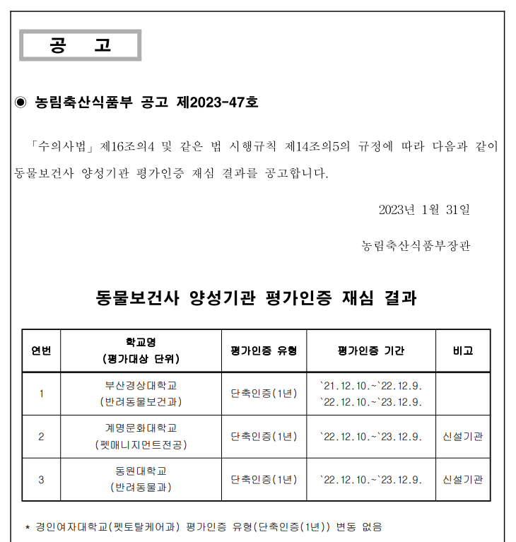 동물보건사 자격증 양성기관 중 일부